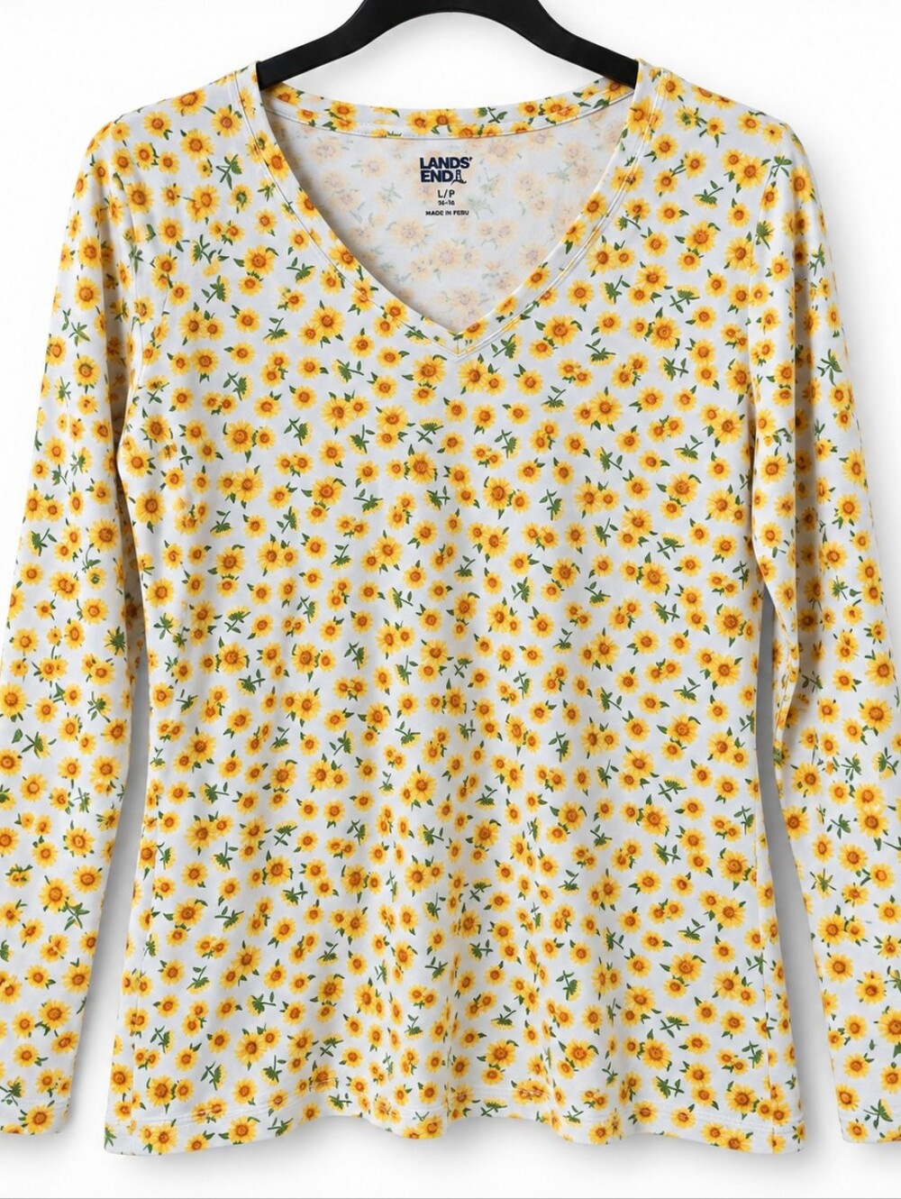 Lands’ End Petite L 14-16 Sunflower V-Neck Top Cottagecore Coastal Grandmother C